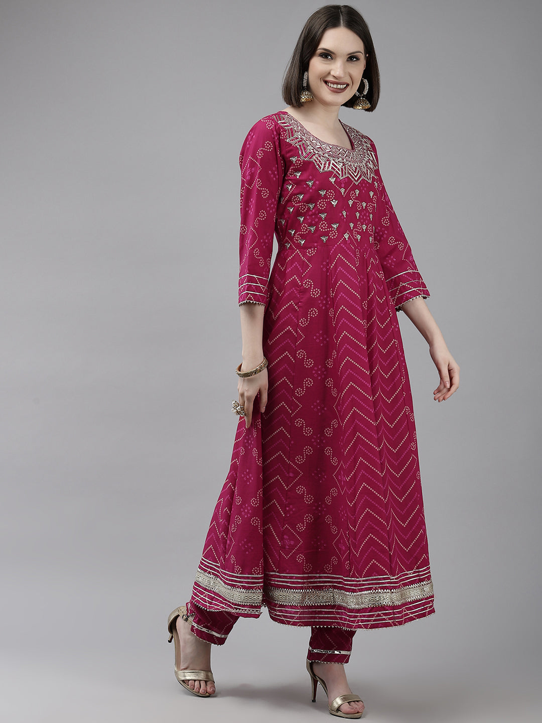 Ishin Women's Pink Zari Embroidered Anarkali Kurta with Trouser & Dupatta