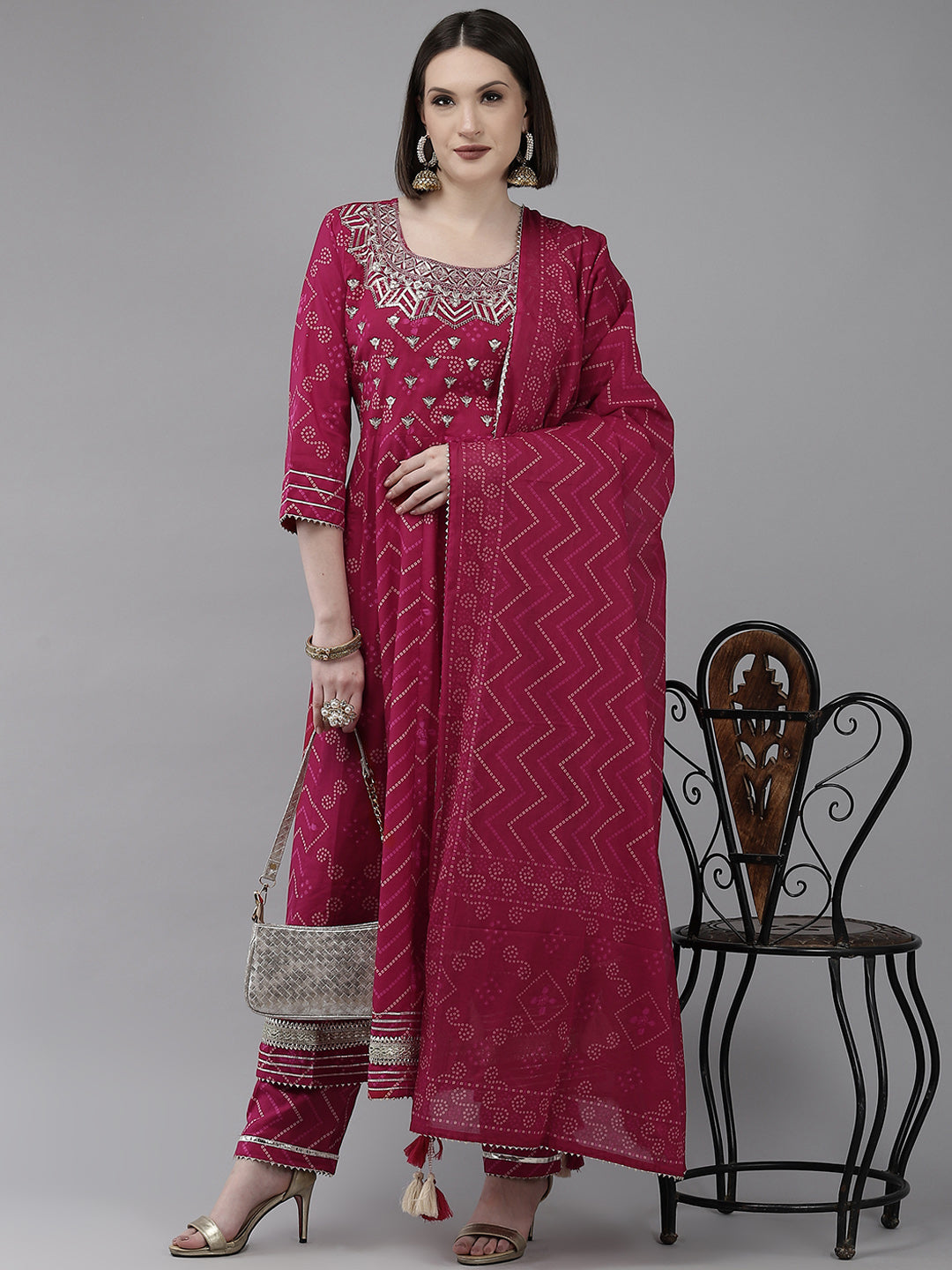 Ishin Women's Pink Zari Embroidered Anarkali Kurta with Trouser & Dupatta