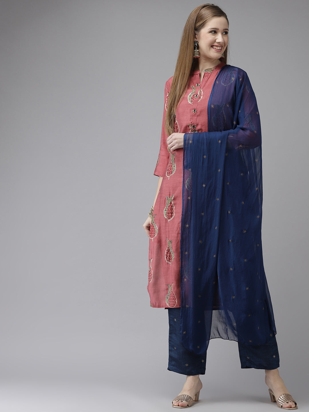 Ishin Women's Art Silk Rose Pink & Blue Embellished A-Line Kurta Palazzo Dupatta Set