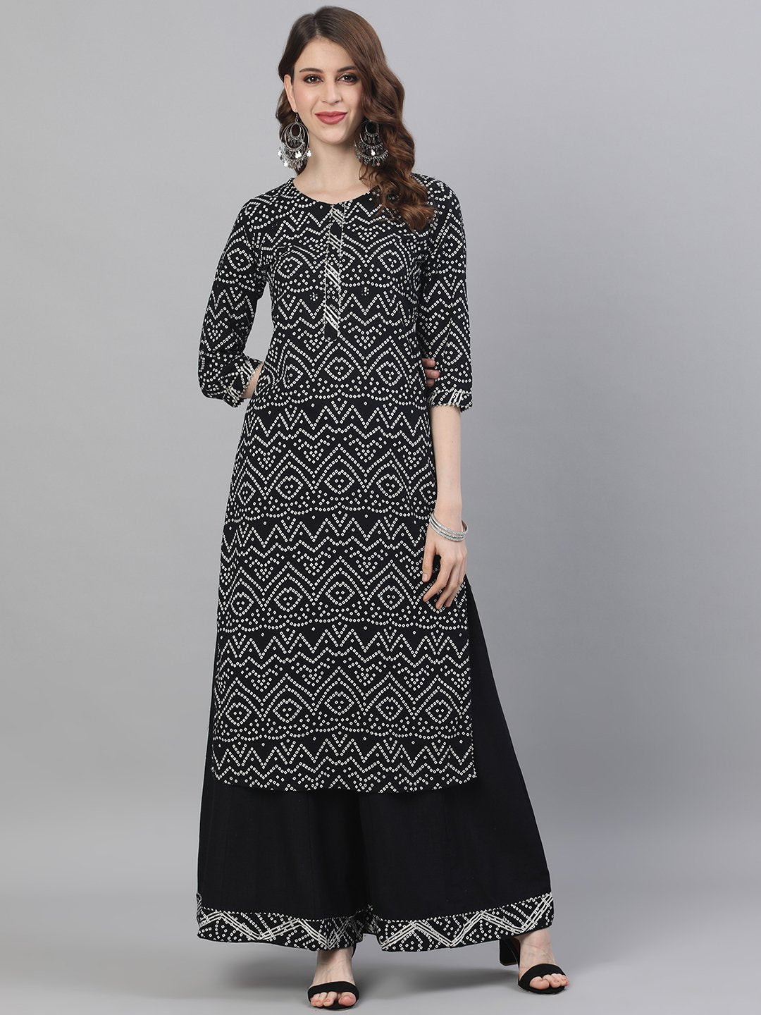 Ishin Women's Cotton Black Bandhani Embroidered A-Line Kurta Palazzo Set