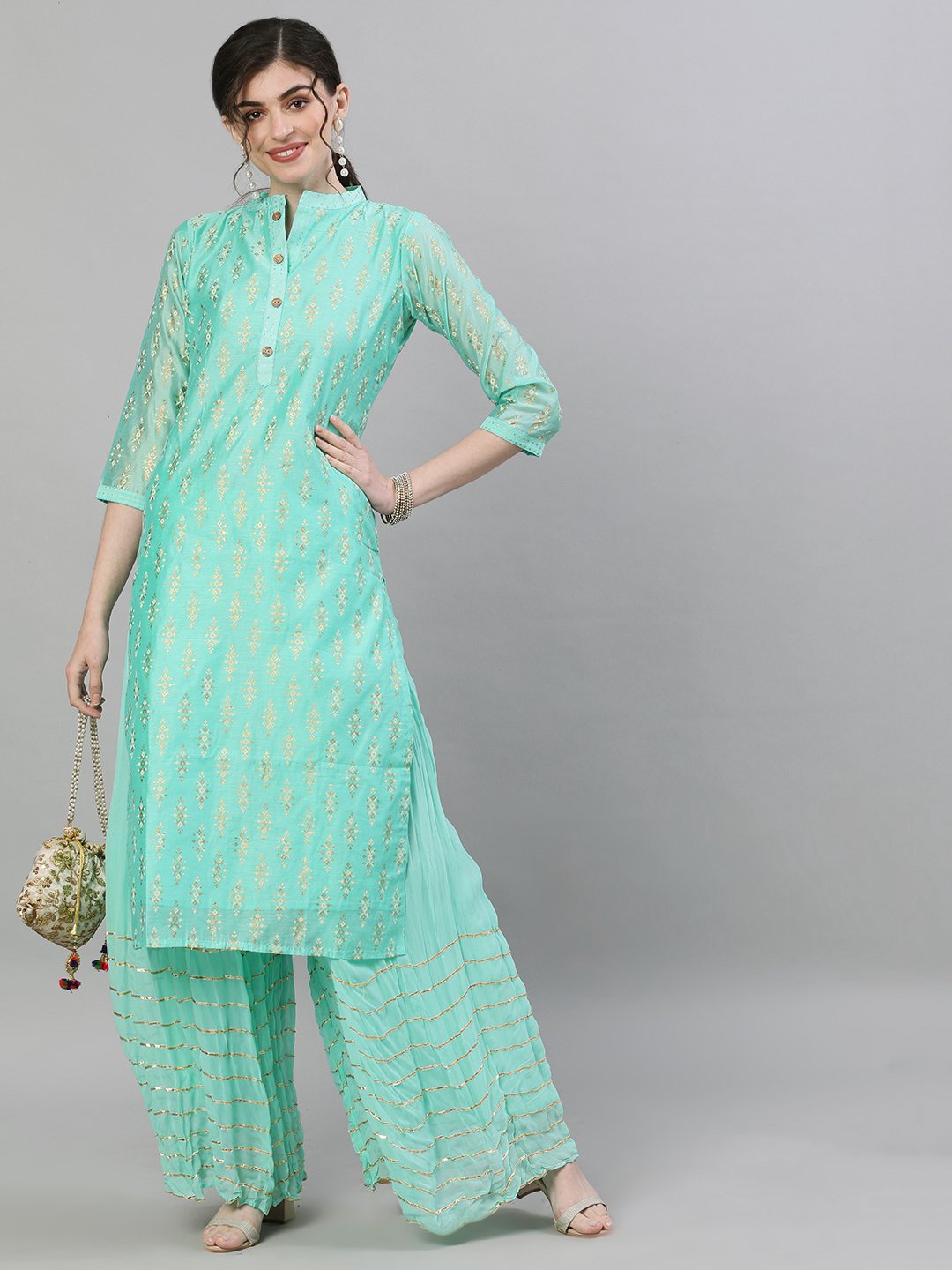 Ishin Women's Chanderi Silk Green Foil Printed Straight Kurta Sharara Set