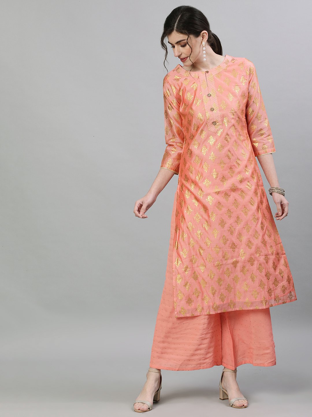 Ishin Women's Chanderi Silk Peach Foil Printed Straight Kurta Palazzo Set