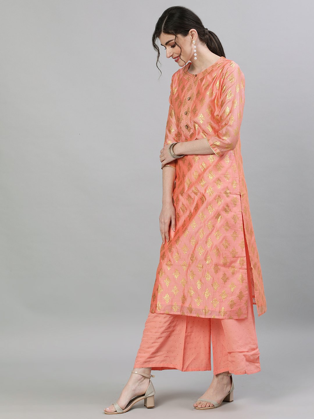 Ishin Women's Chanderi Silk Peach Foil Printed Straight Kurta Palazzo Set