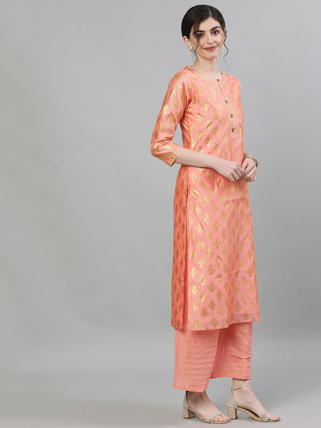 Ishin Women's Chanderi Silk Peach Foil Printed Straight Kurta Palazzo Set