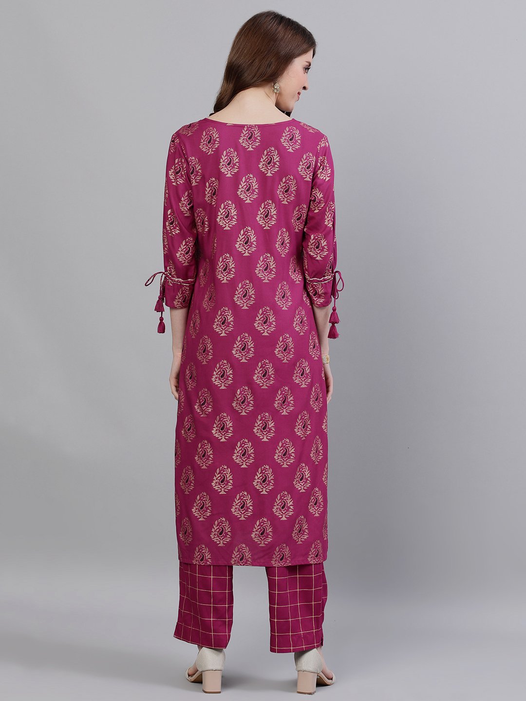 Ishin Women's Rayon Purple Printed A-Line Kurta Trouser Set