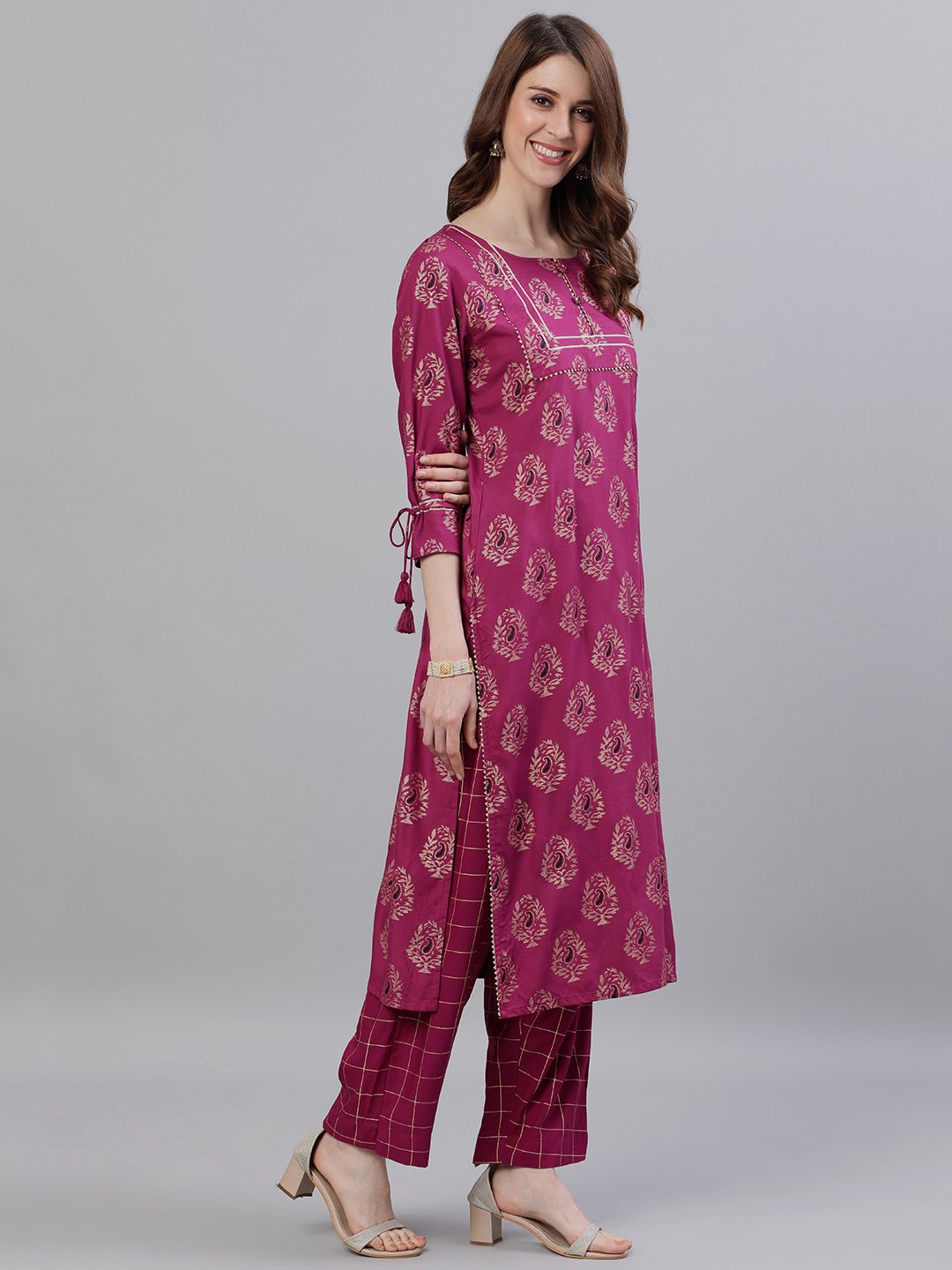 Ishin Women's Rayon Purple Printed A-Line Kurta Trouser Set