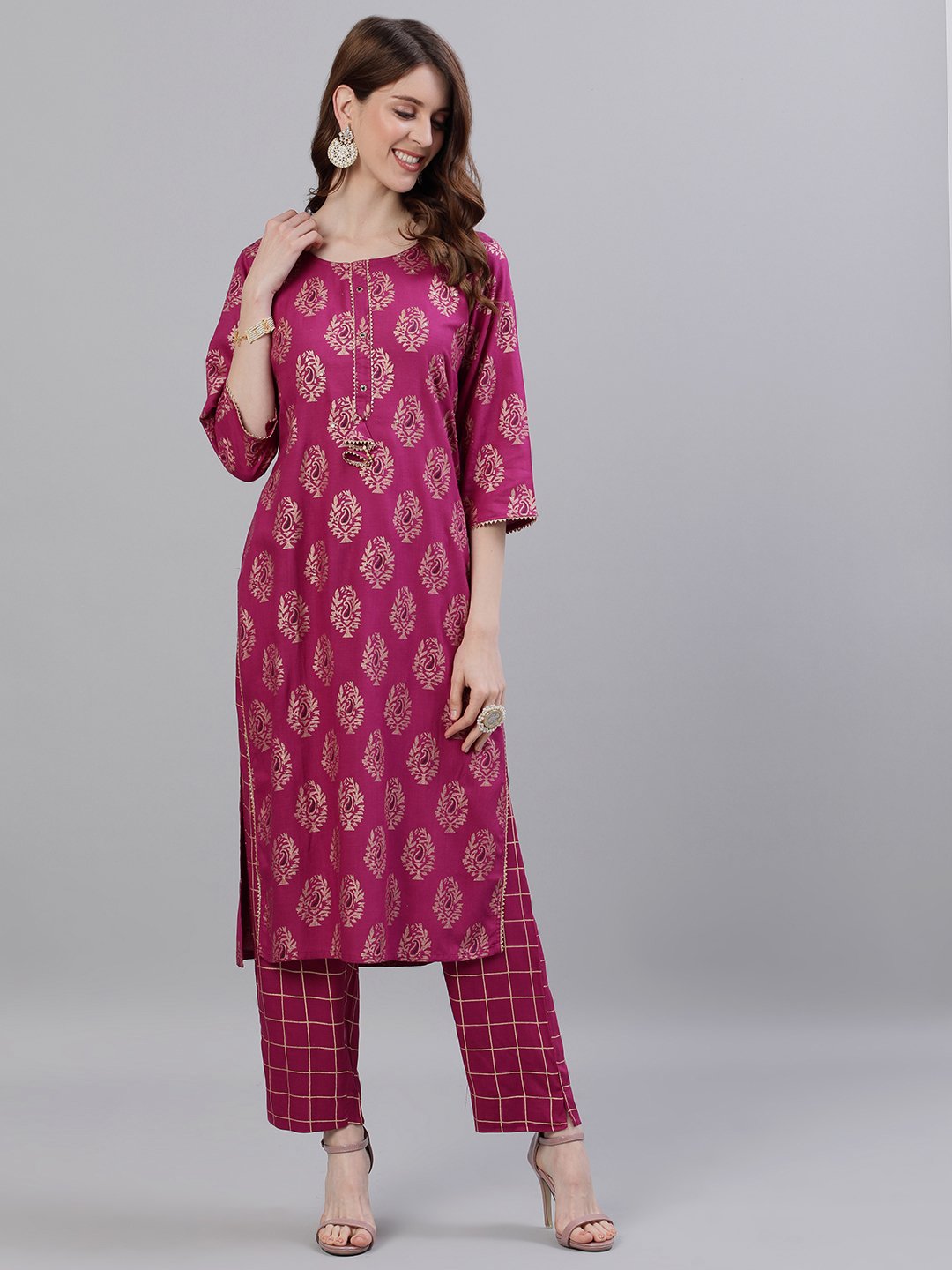 Ishin Women's Rayon Purple Printed A-Line Kurta Trouser Set