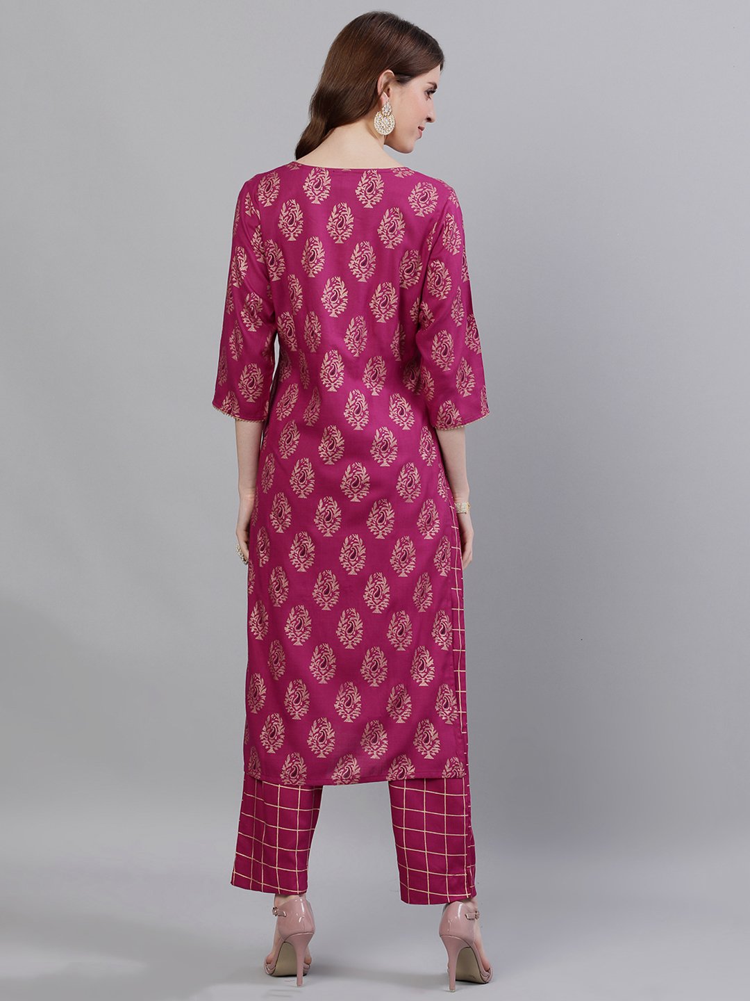 Ishin Women's Rayon Purple Printed A-Line Kurta Trouser Set