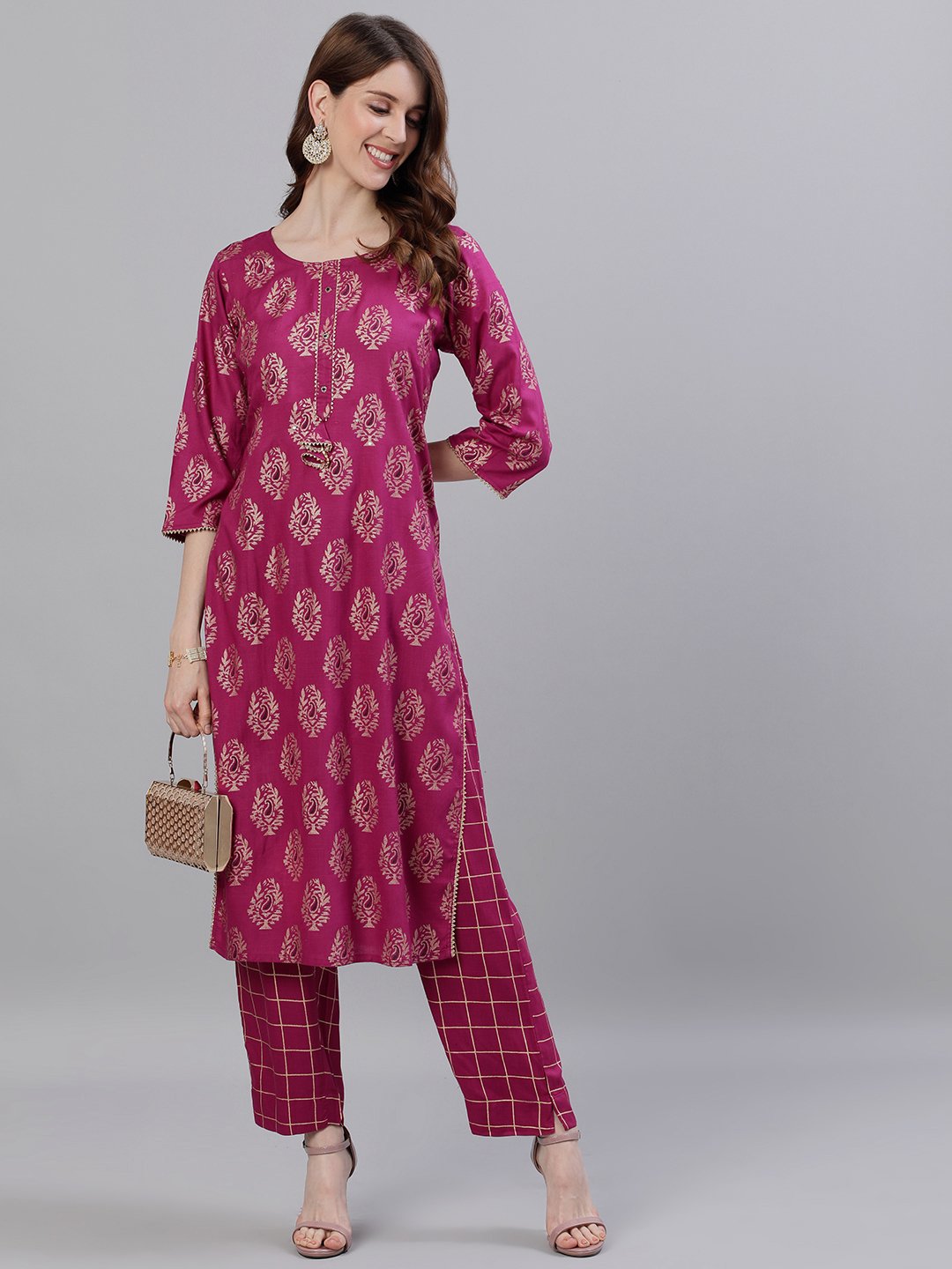 Ishin Women's Rayon Purple Printed A-Line Kurta Trouser Set