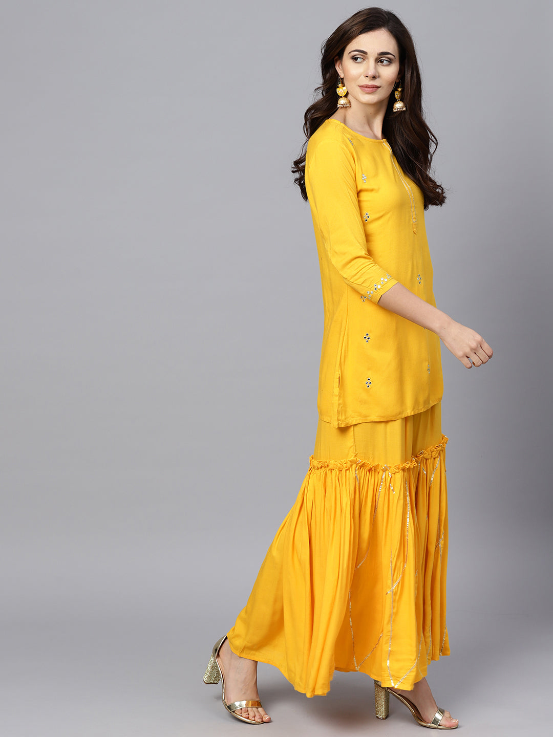 Ishin Women's Yellow Embroidered A-Line Kurta Sharara Dupatta Set