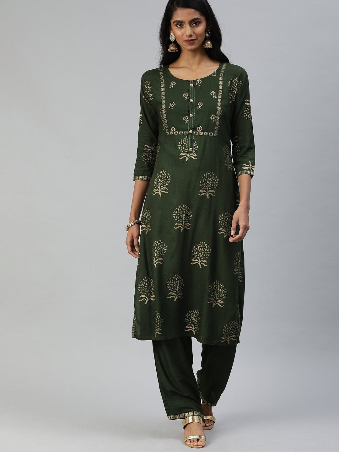 Ishin Women's Rayon Green Foil Printed Straight Kurta Palazzo Set