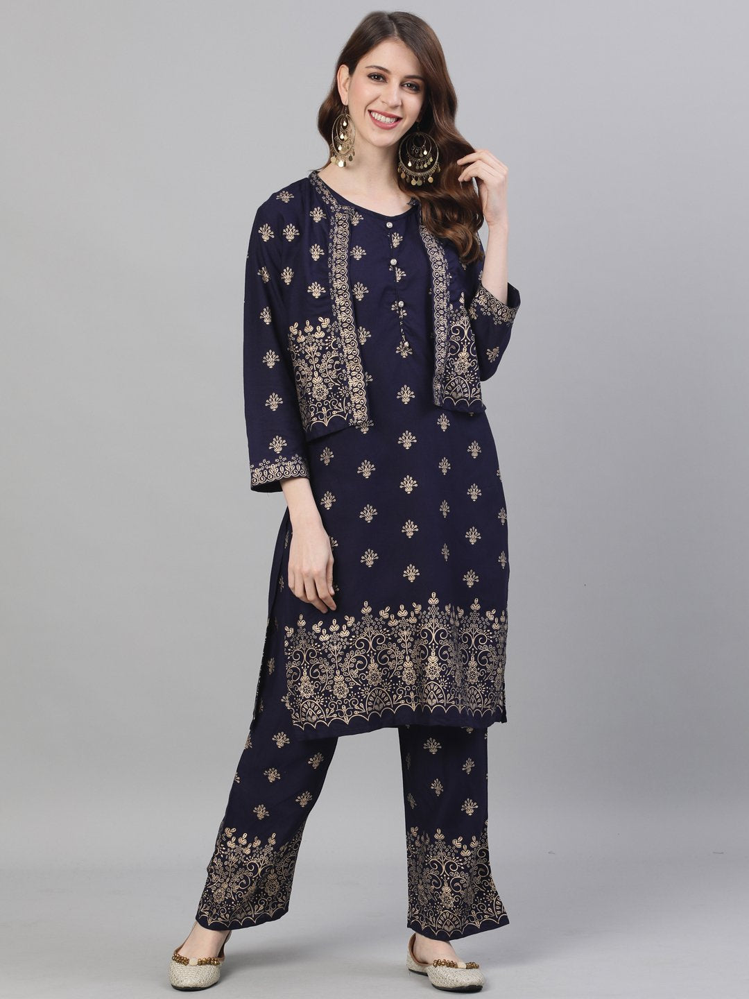 Ishin Women's Rayon Navy Blue Foil Printed A-Line Kurta Trouser Set With Jacket