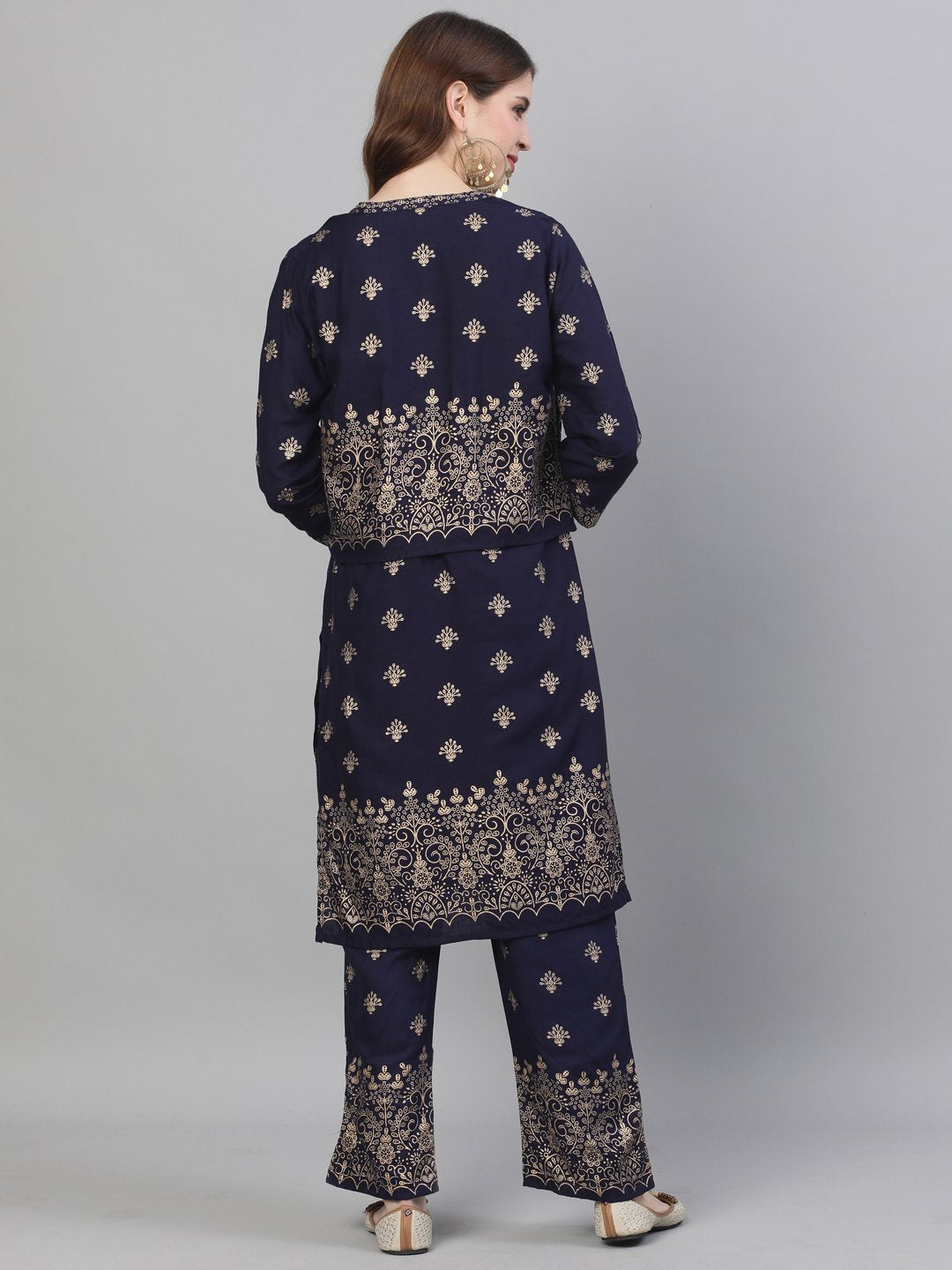 Ishin Women's Rayon Navy Blue Foil Printed A-Line Kurta Trouser Set With Jacket