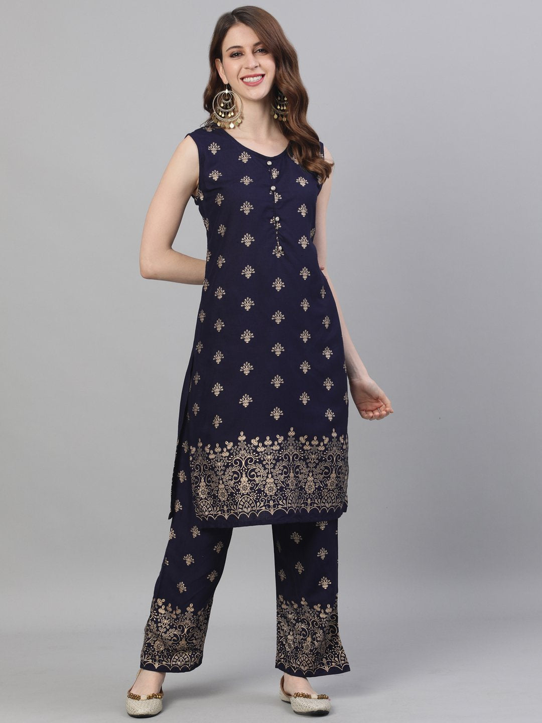 Ishin Women's Rayon Navy Blue Foil Printed A-Line Kurta Trouser Set With Jacket