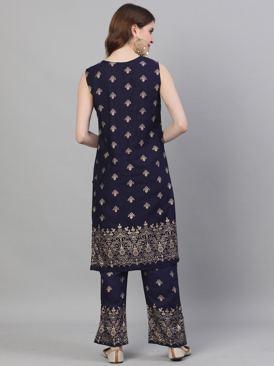 Ishin Women's Rayon Navy Blue Foil Printed A-Line Kurta Trouser Set With Jacket