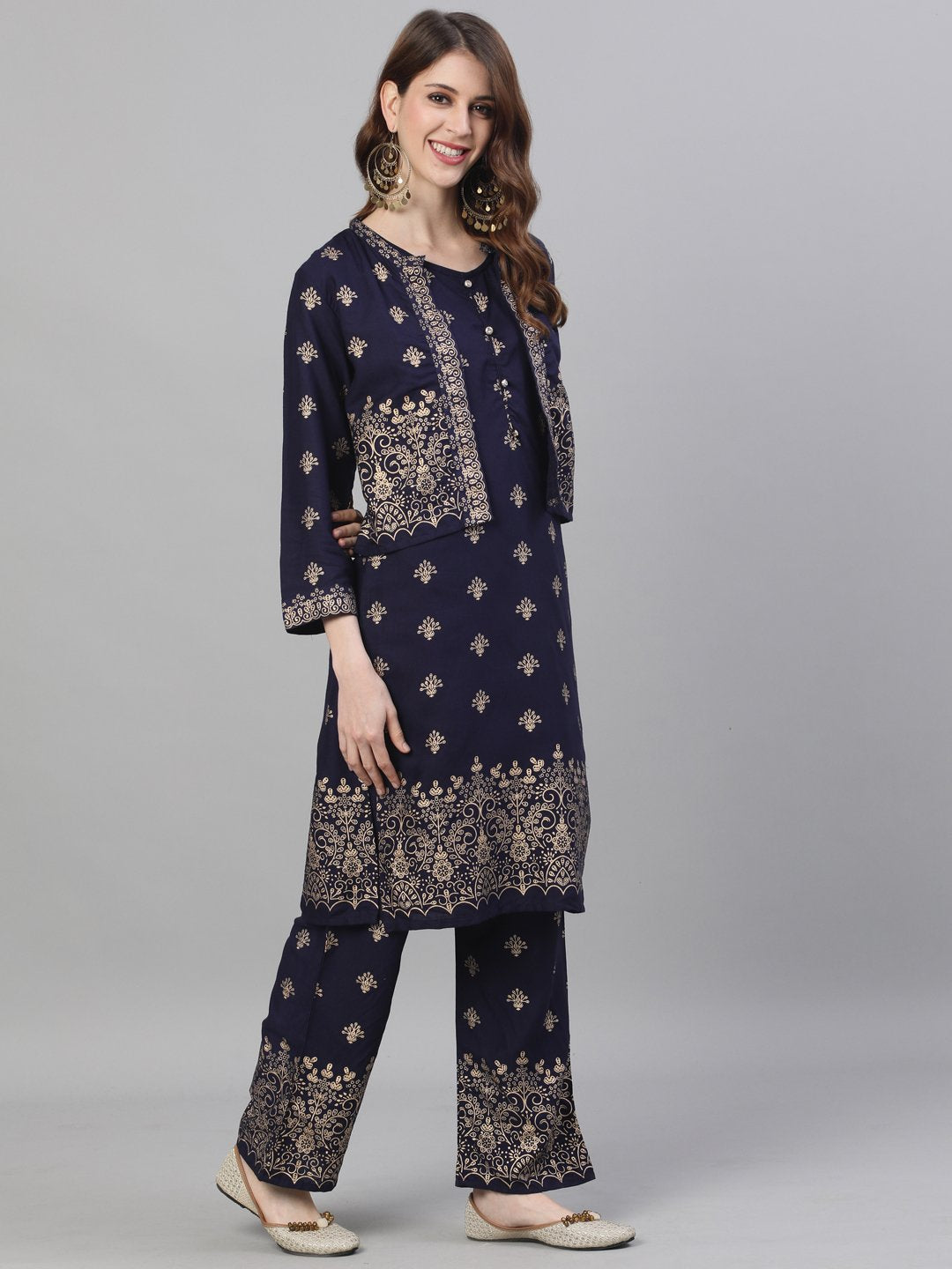 Ishin Women's Rayon Navy Blue Foil Printed A-Line Kurta Trouser Set With Jacket