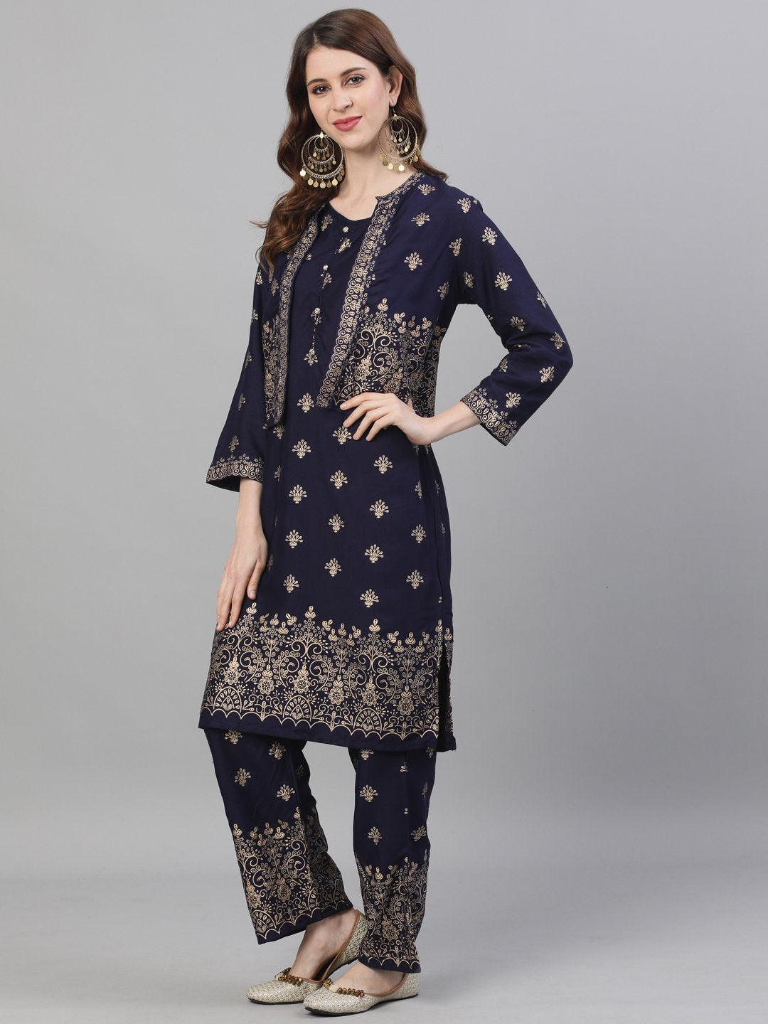 Ishin Women's Rayon Navy Blue Foil Printed A-Line Kurta Trouser Set With Jacket