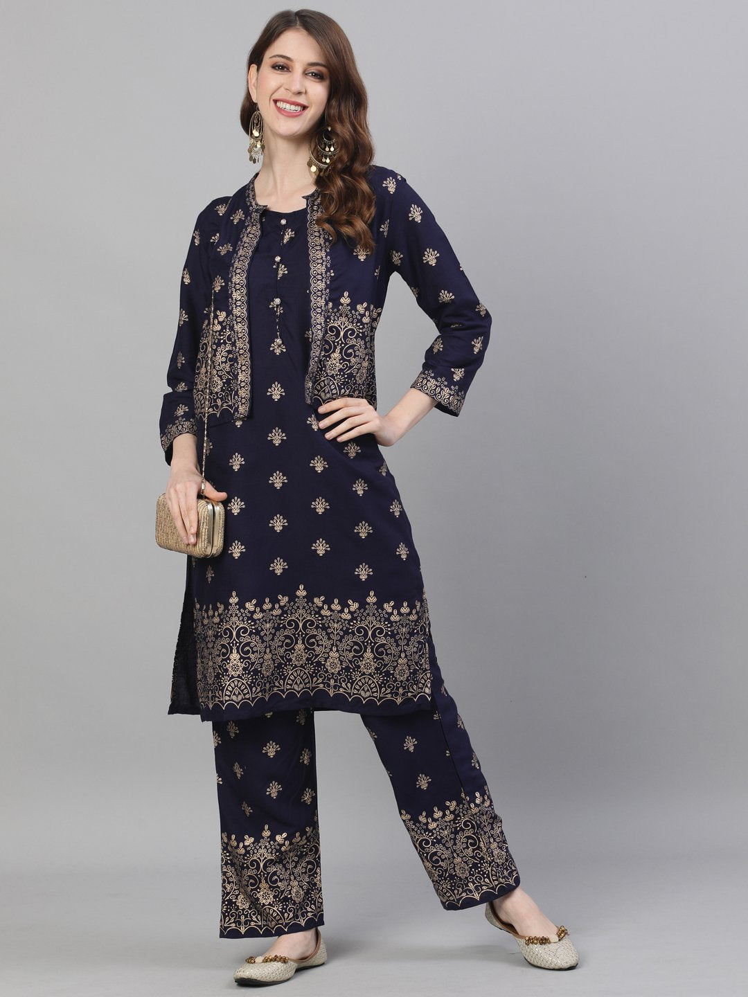 Ishin Women's Rayon Navy Blue Foil Printed A-Line Kurta Trouser Set With Jacket