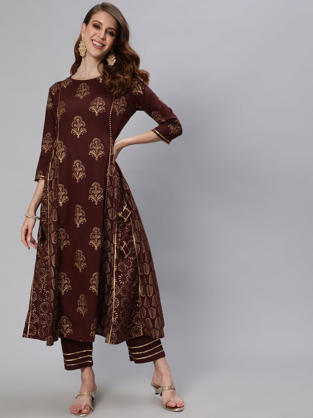 Ishin Women's Brown Embroidered Anarkali Kurta With Trouser