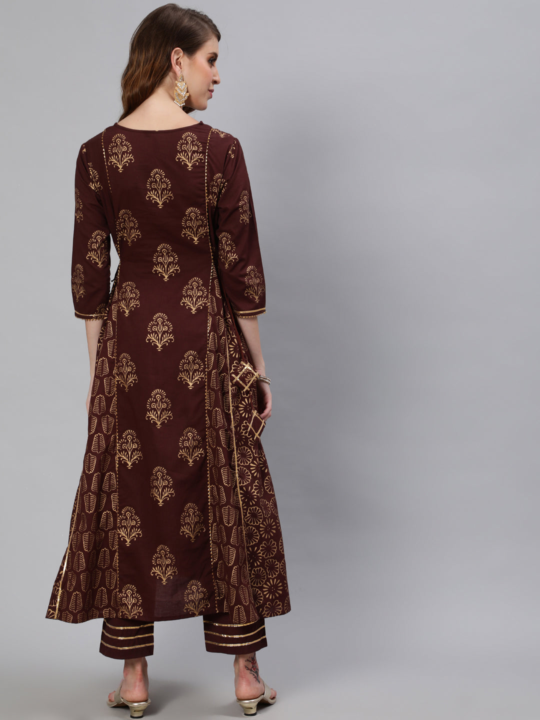 Ishin Women's Brown Embroidered Anarkali Kurta With Trouser