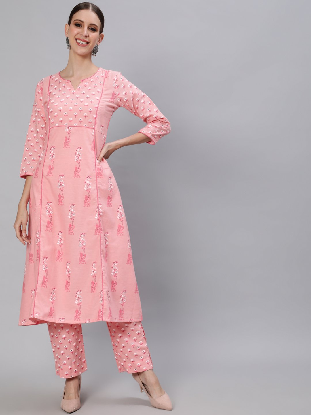 Ishin Women's Cotton Pink Printed Anarkali Kurta Trouser Set