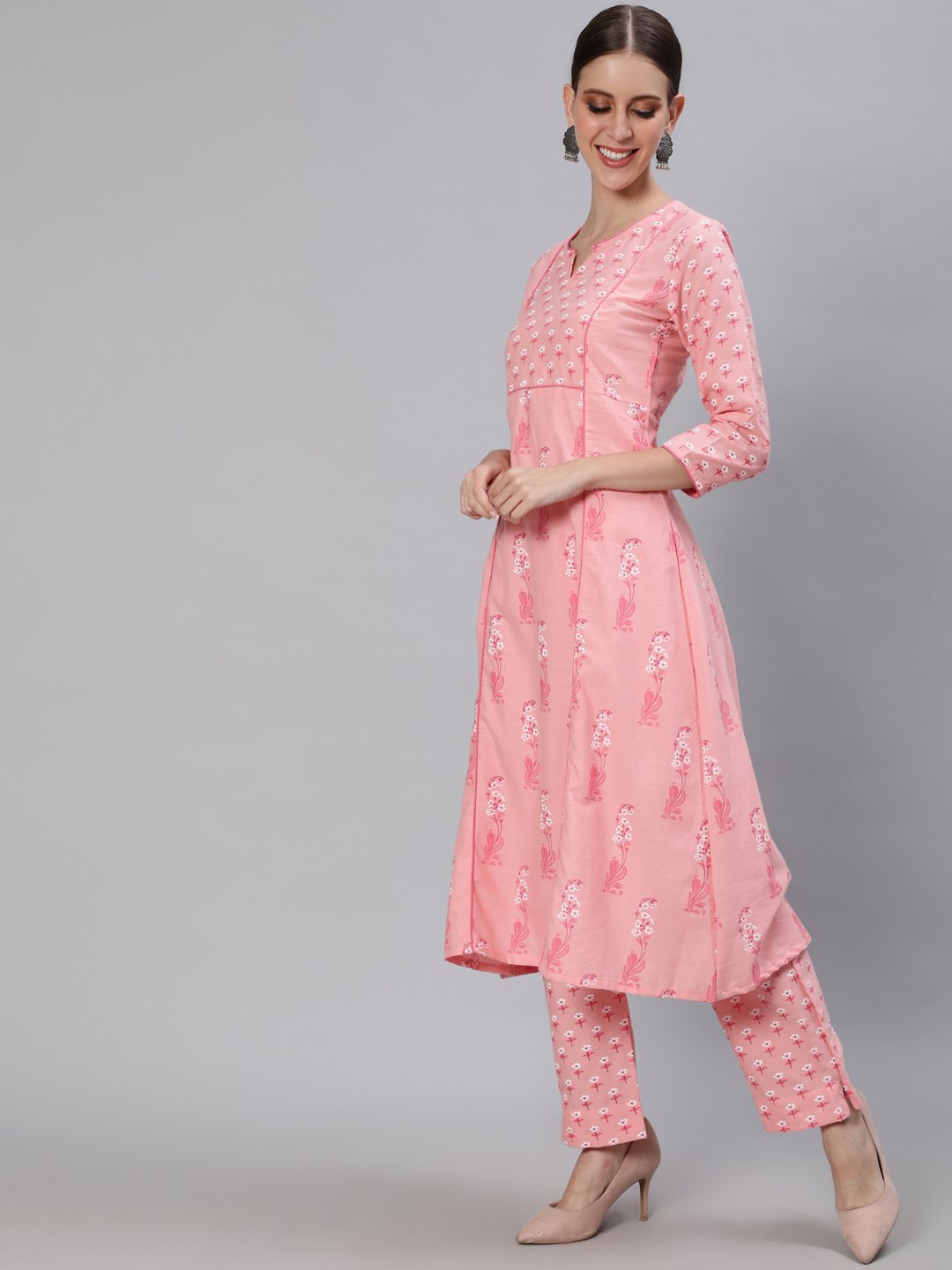 Ishin Women's Cotton Pink Printed Anarkali Kurta Trouser Set