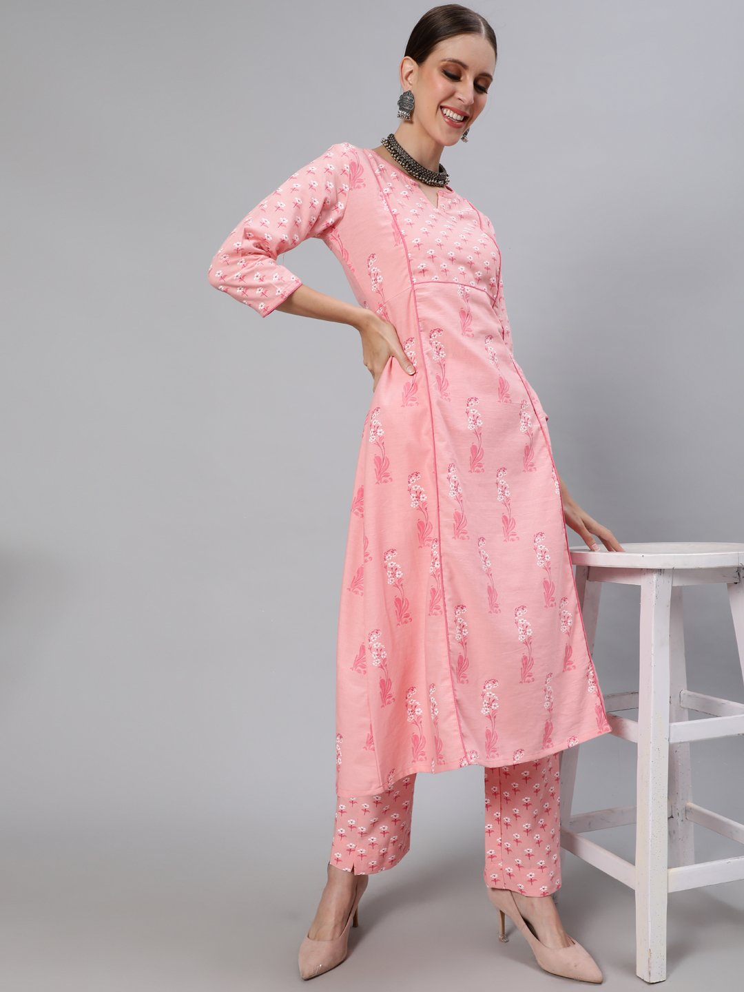 Ishin Women's Cotton Pink Printed Anarkali Kurta Trouser Set