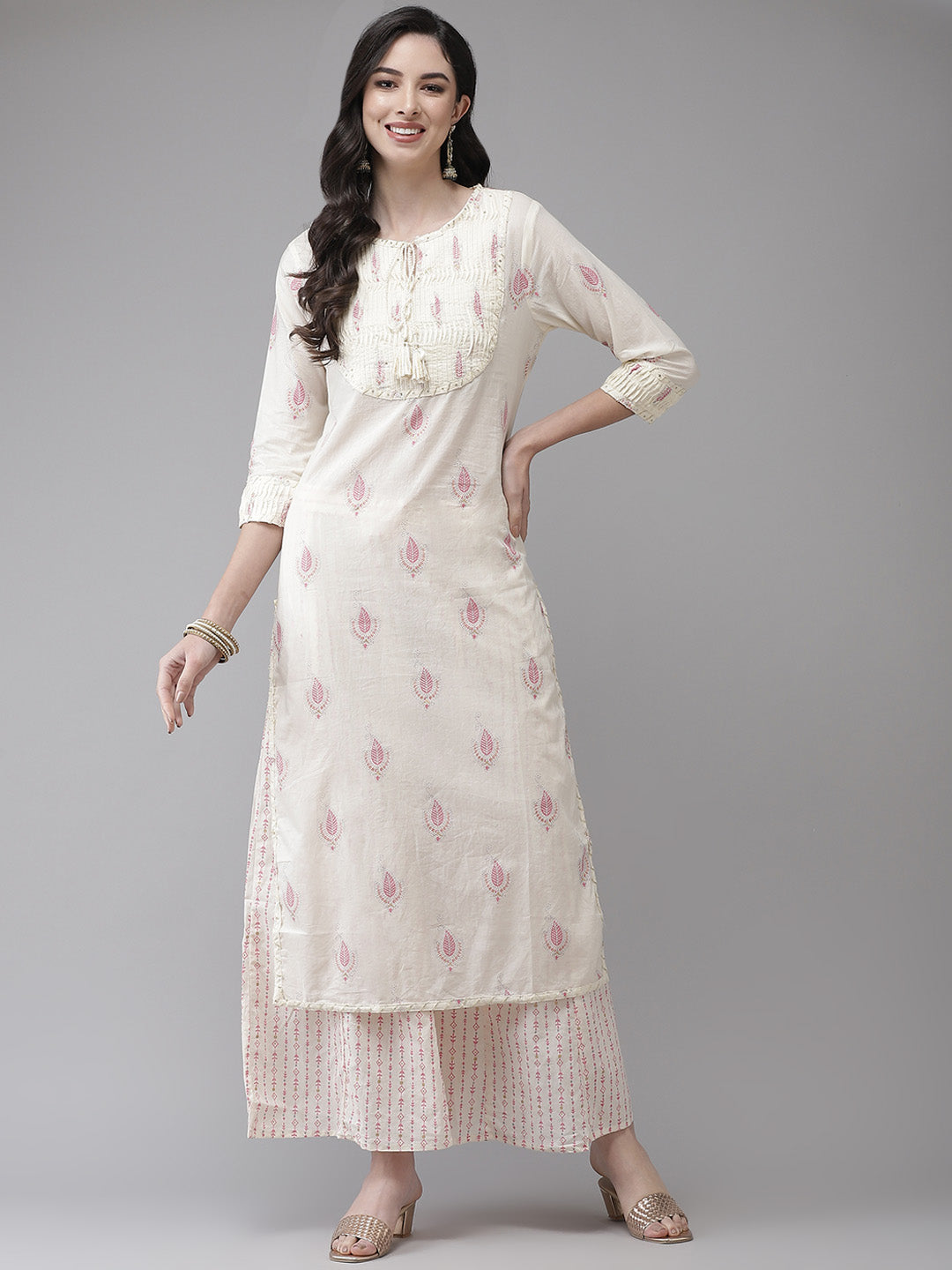 Ishin Women's Cotton Blend Cream Embroidered A-Line Kurta Sharara Set