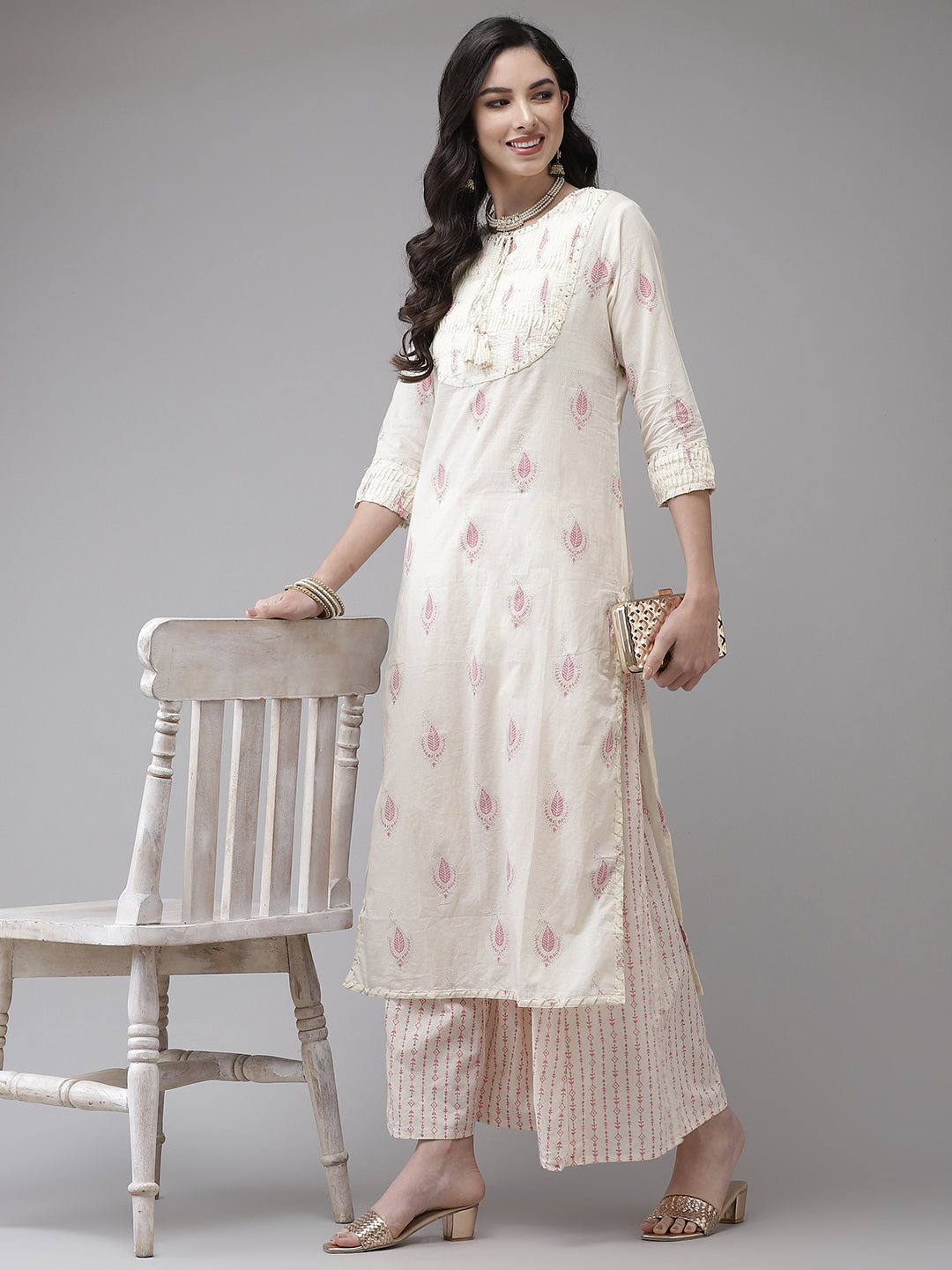 Ishin Women's Cotton Blend Cream Embroidered A-Line Kurta Sharara Set