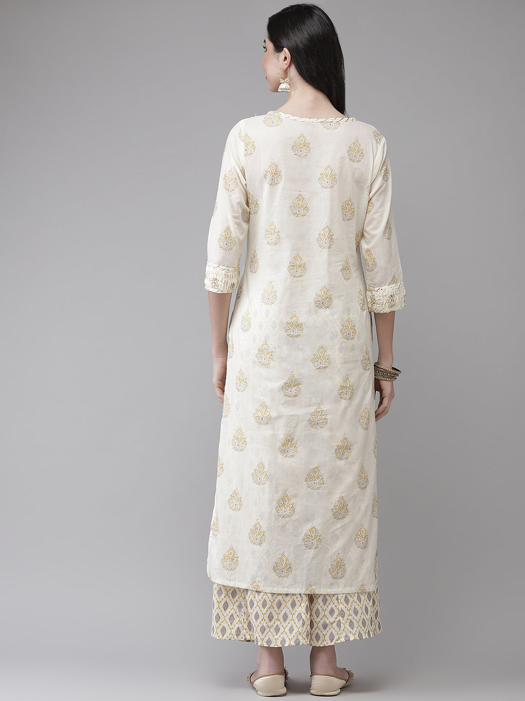 Ishin Women's Cotton Blend Cream Embroidered A-Line Kurta Sharara Set