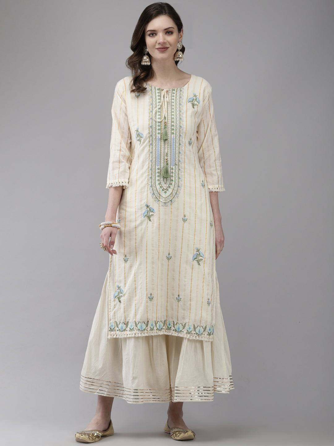 Ishin Women's Cotton Off White Embroidered A-Line Kurta Sharara Set