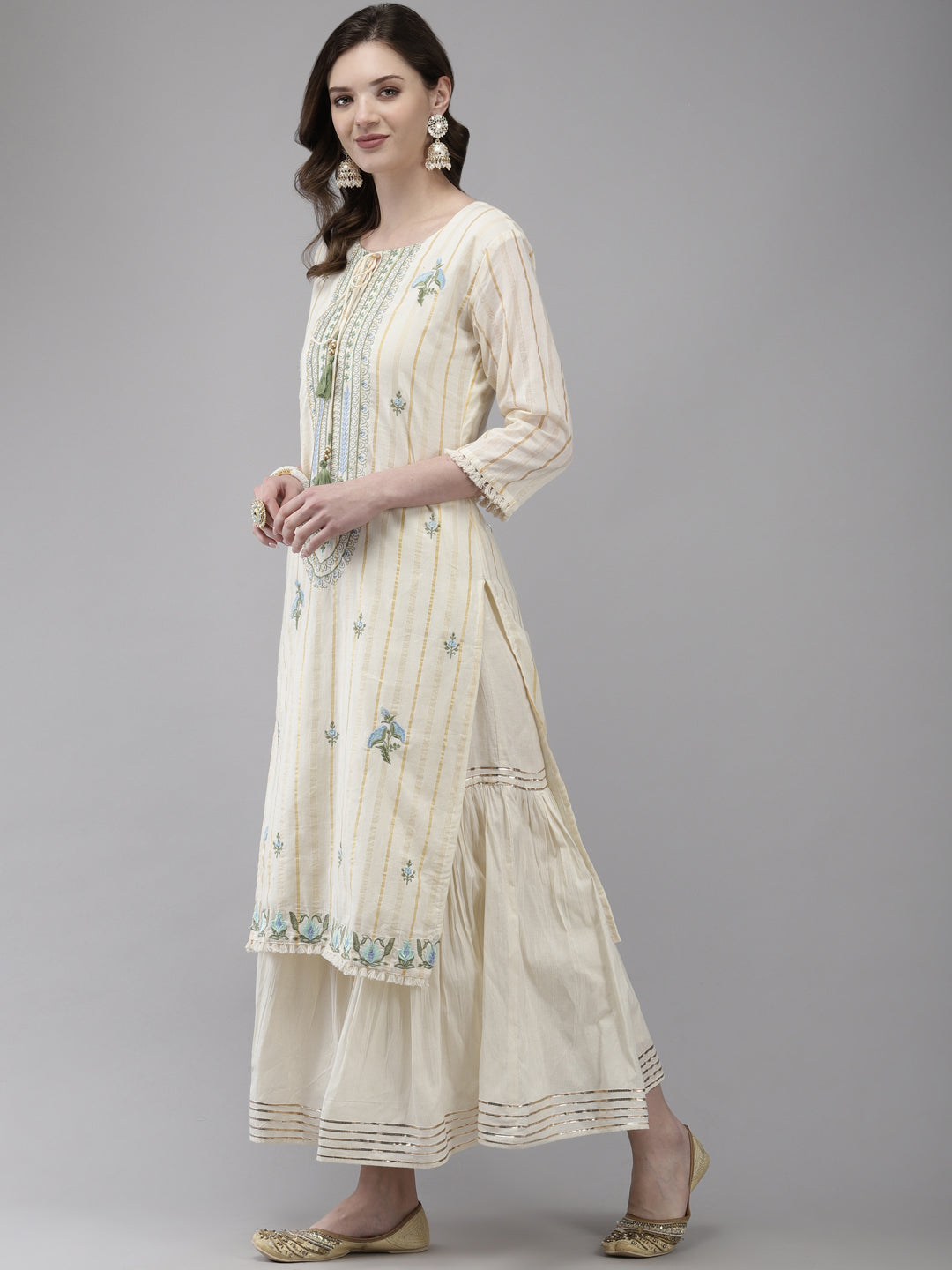 Ishin Women's Cotton Off White Embroidered A-Line Kurta Sharara Set