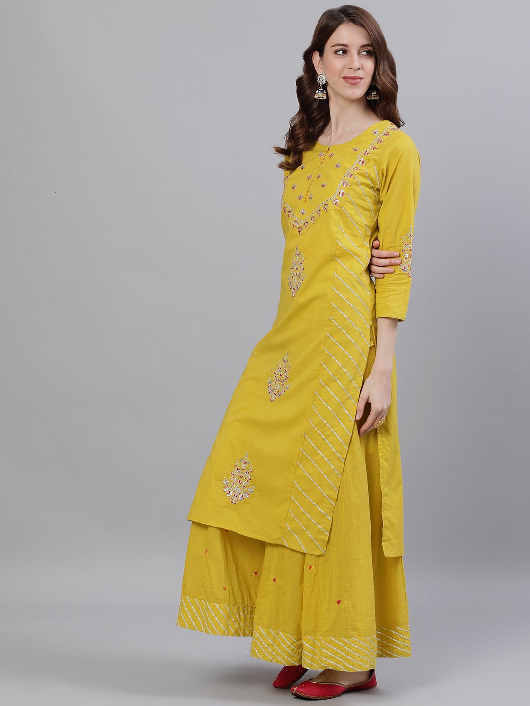 Ishin Women's Cotton Mustard Gota Patti Embroidered A-Line Kurta Sharara Set