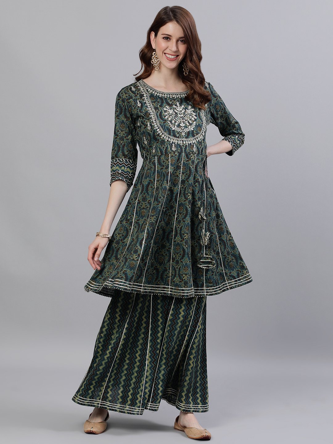 Ishin Women's Cotton Green & Blue Zari Embroidered Peplum Kurta Sharara Set