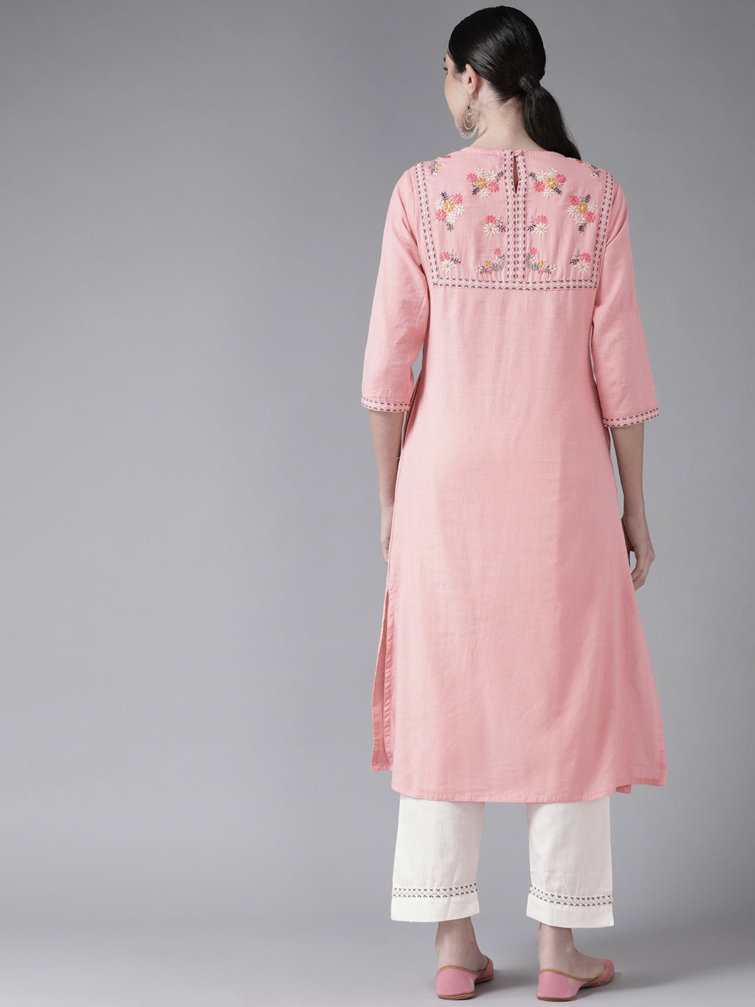 Ishin Women's Cotton Blend Pink & Off White Embroidered A-Line Kurta Trouser Set