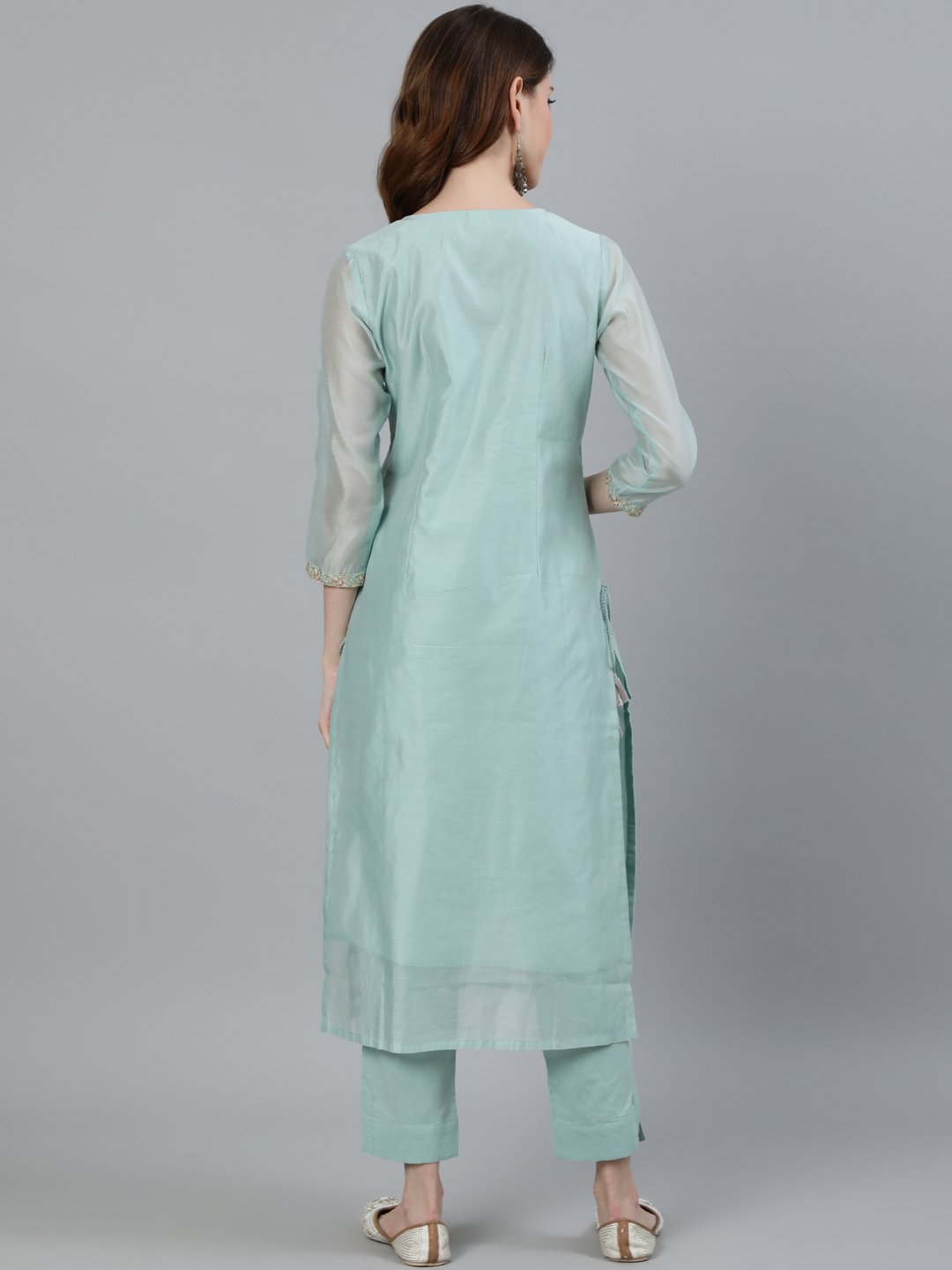 Ishin Women's Green Zari Embroidered Straight Kurta & Trouser