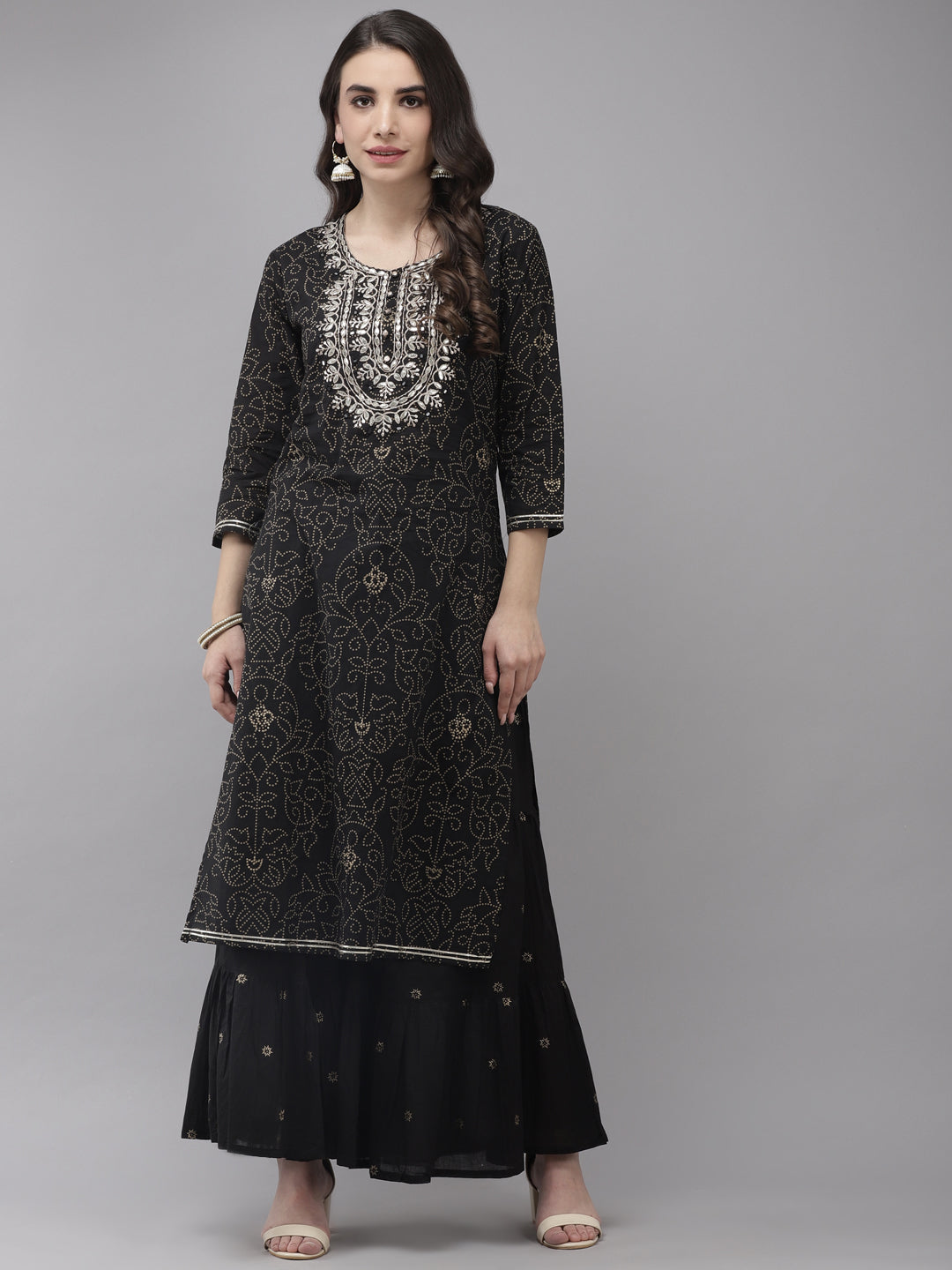 Ishin Women's Cotton Blend Black Embroidered A-Line Kurta Sharara Set 