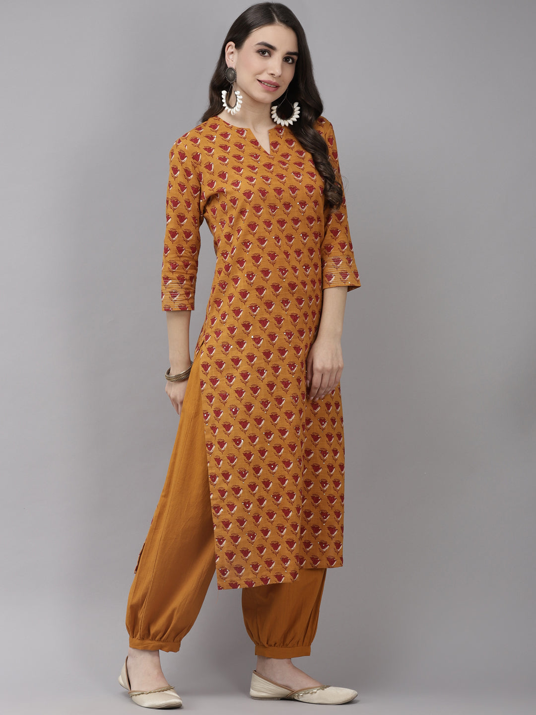 Ishin Women's Cotton Mustard Yellow Embroidered A-Line Kurta Salwar Set