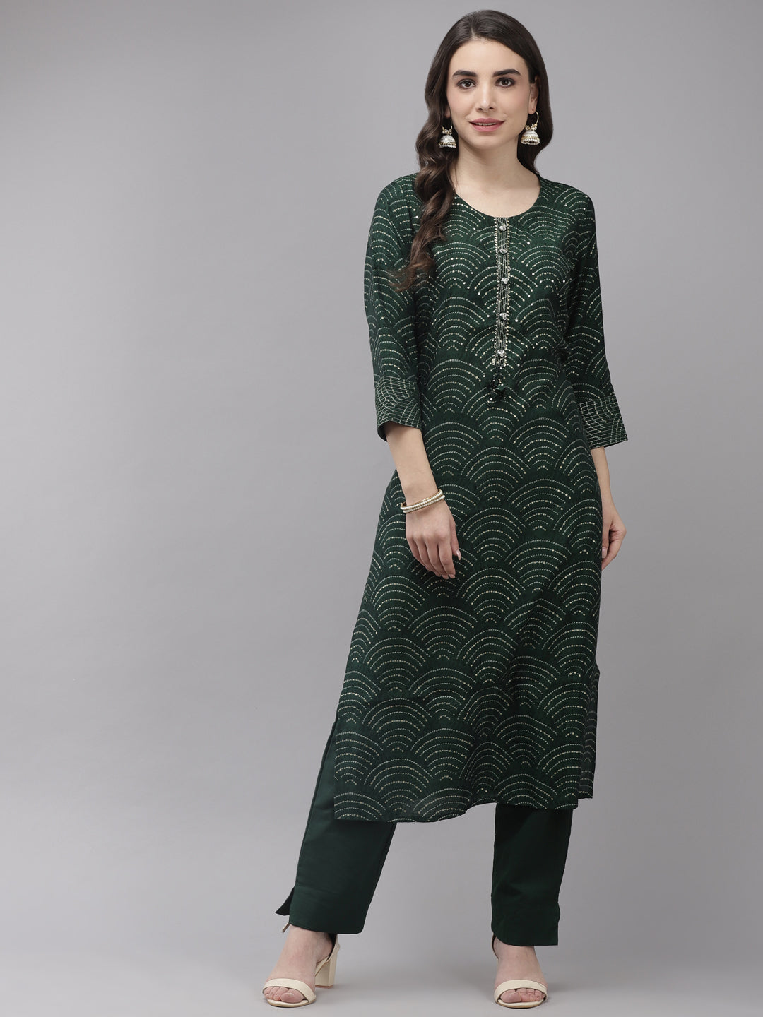 Ishin Women's Silk Blend Green Embroidered A-Line Kurta Trouser Set