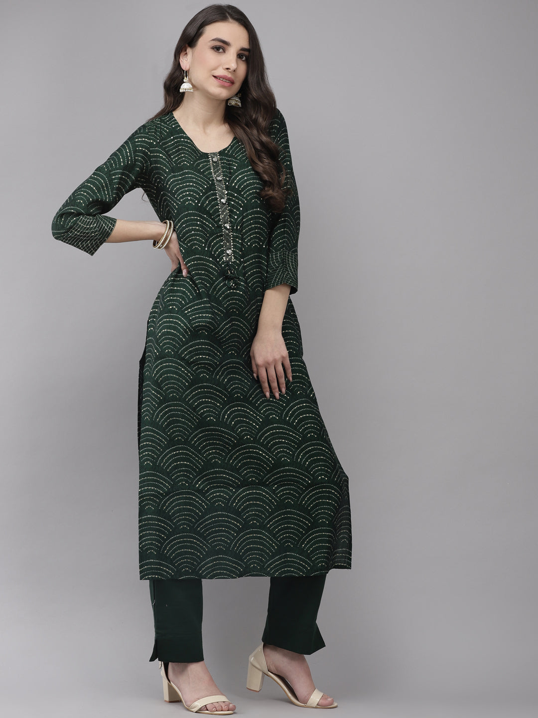 Ishin Women's Silk Blend Green Embroidered A-Line Kurta Trouser Set