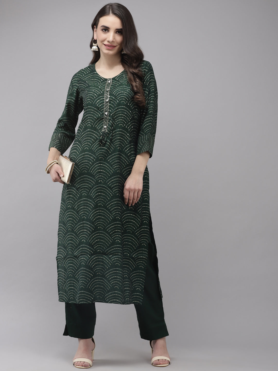 Ishin Women's Silk Blend Green Embroidered A-Line Kurta Trouser Set