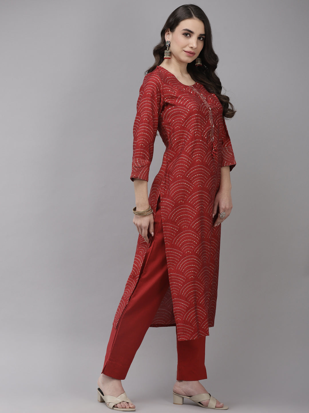 Ishin Women's Silk Blend Red Embroidered A-Line Kurta Trouser Set