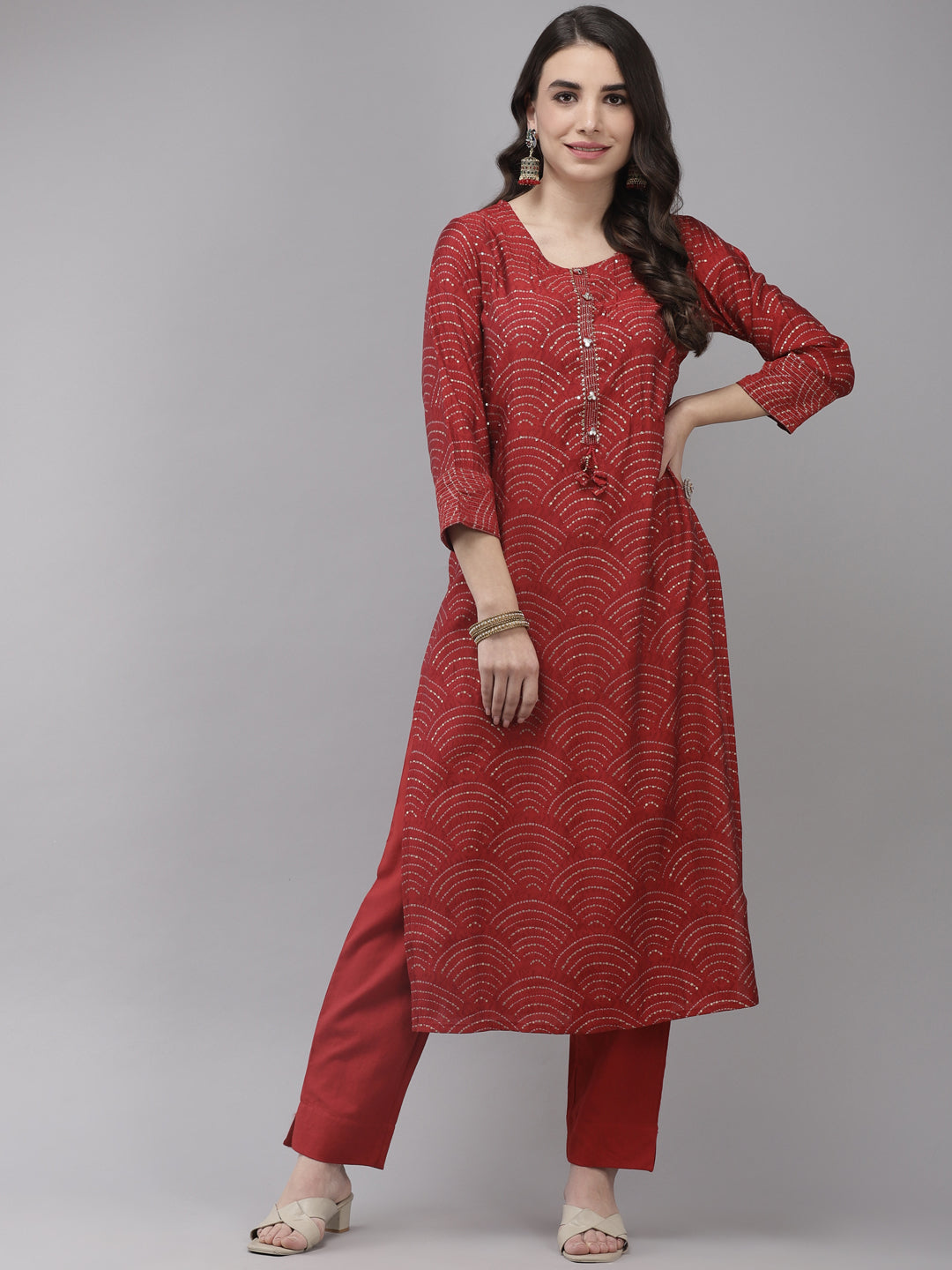 Ishin Women's Silk Blend Red Embroidered A-Line Kurta Trouser Set