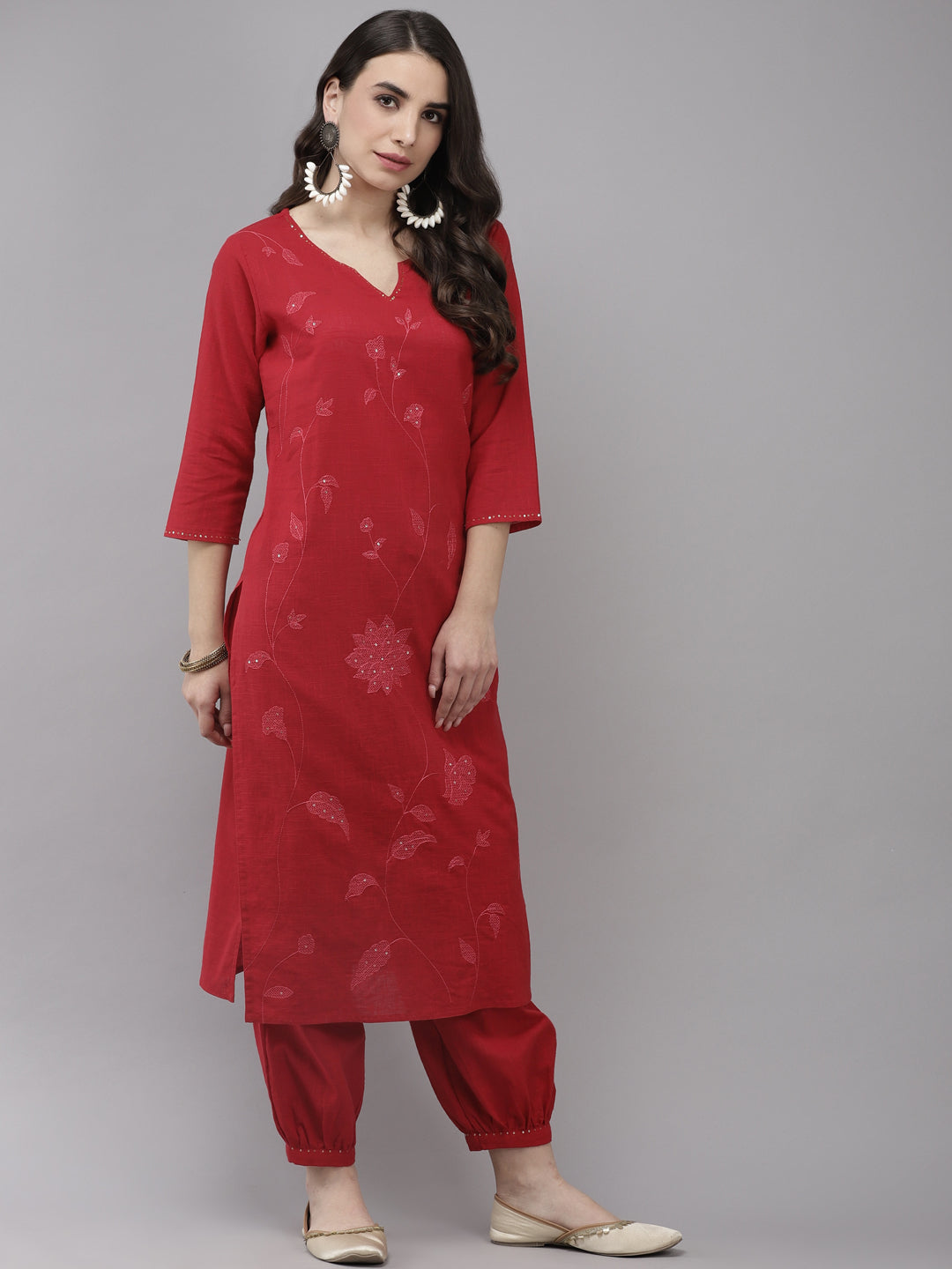 Ishin Women's Cotton Red Embroidered A-Line Kurta Salwar Set