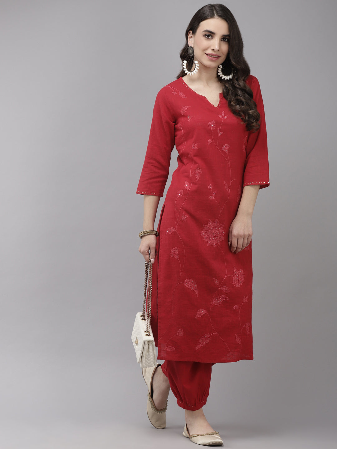 Ishin Women's Cotton Red Embroidered A-Line Kurta Salwar Set