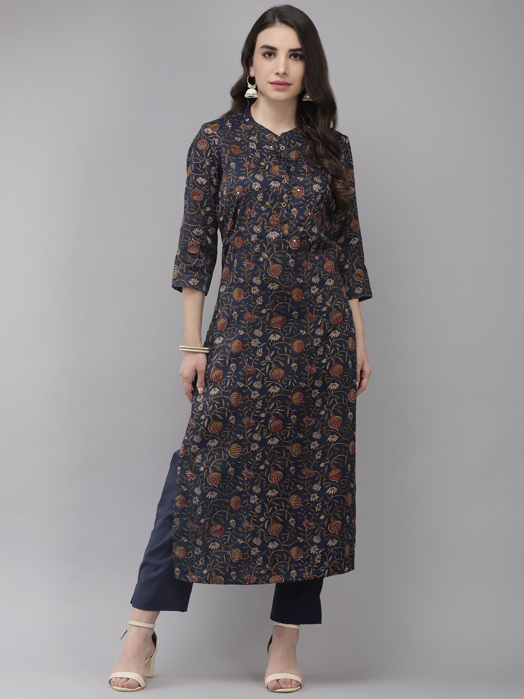 Ishin Women's Silk Blend Navy Blue Embroidered A-Line Kurta Trouser Set