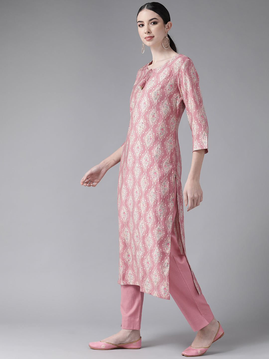 Ishin Women's Art Silk Pink Embroidered A-Line Kurta Trouser Set