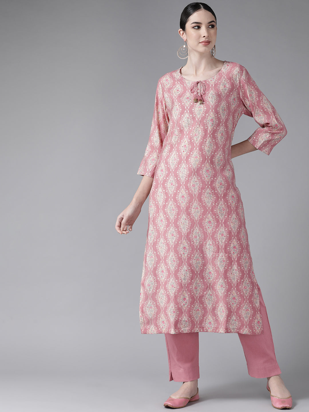 Ishin Women's Art Silk Pink Embroidered A-Line Kurta Trouser Set