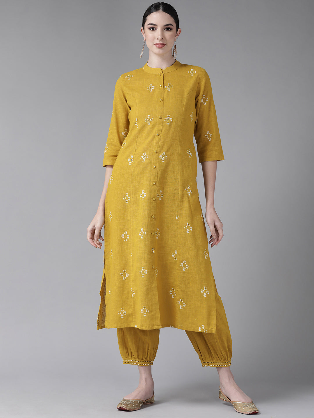 Ishin Women's Cotton Mustard Yellow Embroidered A-Line Kurta Salwar Set