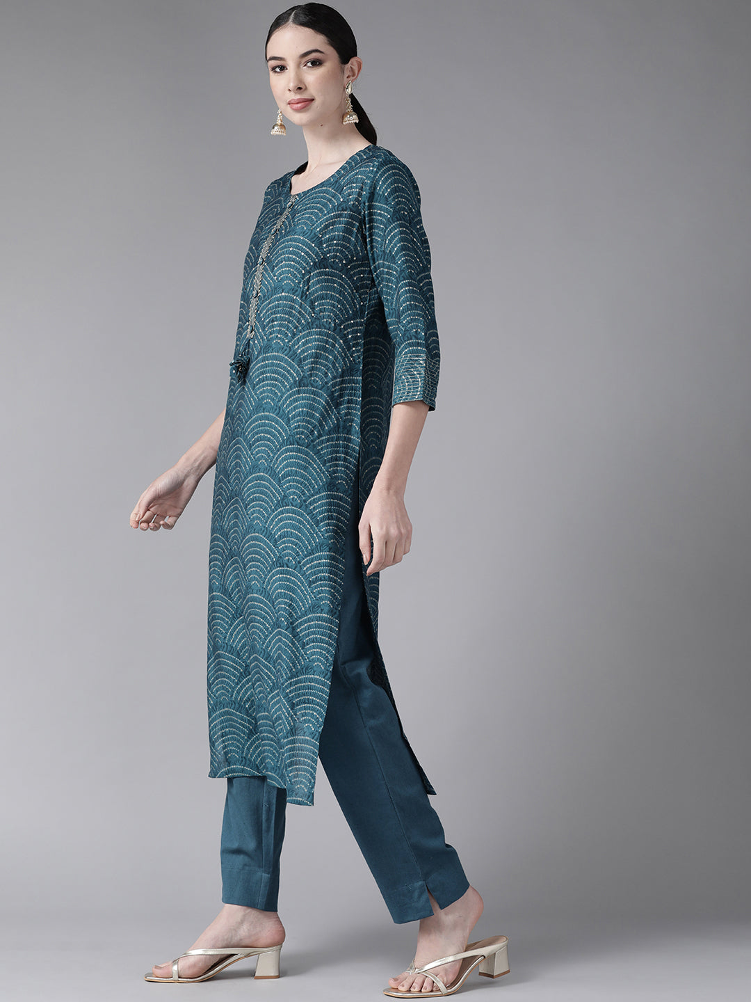 Ishin Women's Art Silk Teal Embroidered A-Line Kurta Trouser Set